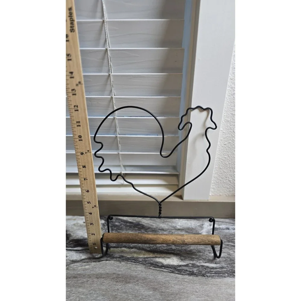 Country Rooster Metal Paper Towel Holder Black Wire Wood Farmhouse Kitchen